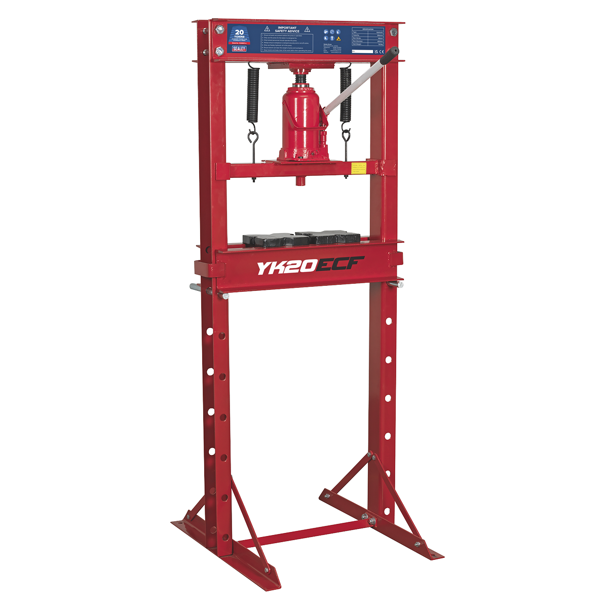 A Sealey Hydraulic Press, 20 Tonne Economy Floor Type (model YK20ECF), featuring a bottle jack and adjustable support bars, is shown against a white background. This economy model offers superb corrosion resistance for long-lasting durability.