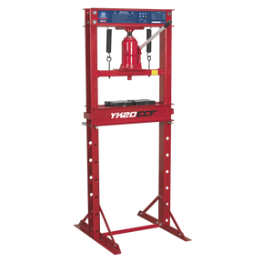 A Sealey Hydraulic Press, 20 Tonne Economy Floor Type (model YK20ECF), featuring a bottle jack and adjustable support bars, is shown against a white background. This economy model offers superb corrosion resistance for long-lasting durability.