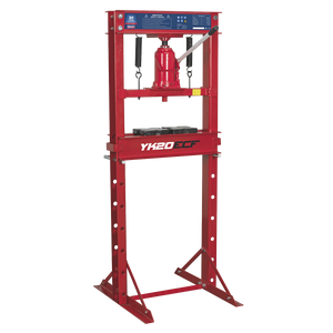 A Sealey Hydraulic Press, 20 Tonne Economy Floor Type (model YK20ECF), featuring a bottle jack and adjustable support bars, is shown against a white background. This economy model offers superb corrosion resistance for long-lasting durability.