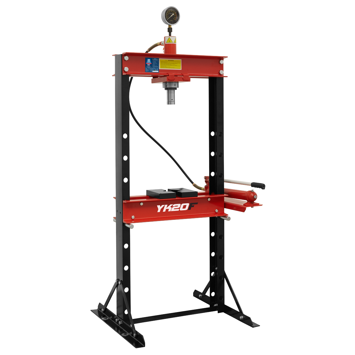 A red and black Sealey hydraulic press machine, model YK20F, with a pressure gauge on top, a lever on the right side, and a sliding hydraulic ram. Featuring steel frame construction and boasting 20 tonnes of pressing power.