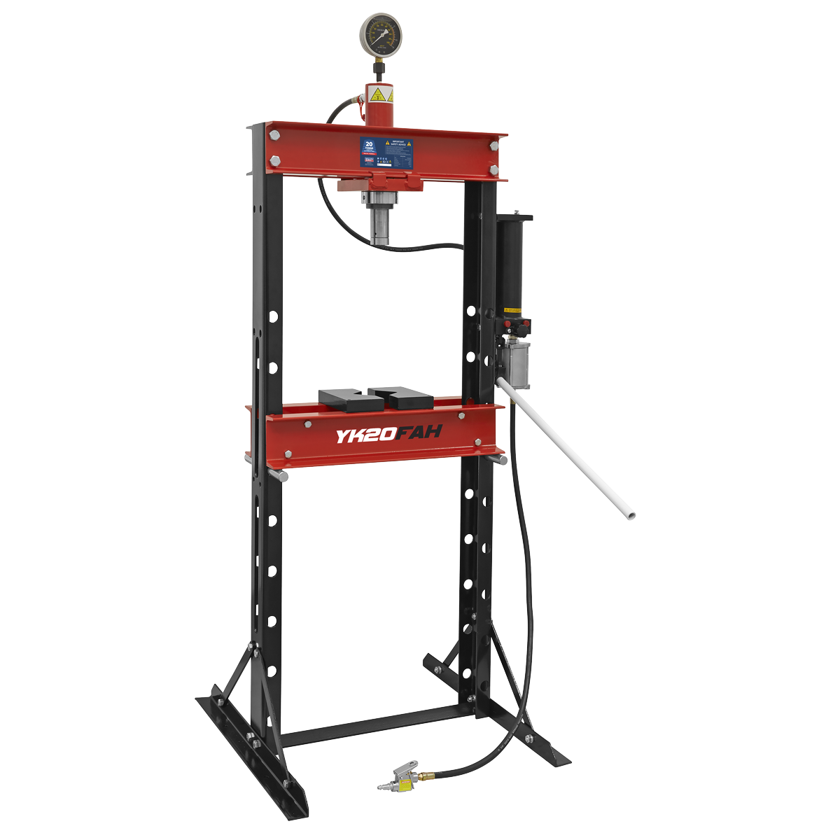 The Sealey Air/Hydraulic Press 20 Tonne Floor Type - YK20FAH boasts a red and black color scheme, a ram pressure gauge mounted on top, a white side lever, a foot pedal at the bottom, and a robust steel frame ensuring durability.