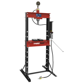 The Sealey Air/Hydraulic Press 20 Tonne Floor Type - YK20FAH boasts a red and black color scheme, a ram pressure gauge mounted on top, a white side lever, a foot pedal at the bottom, and a robust steel frame ensuring durability.