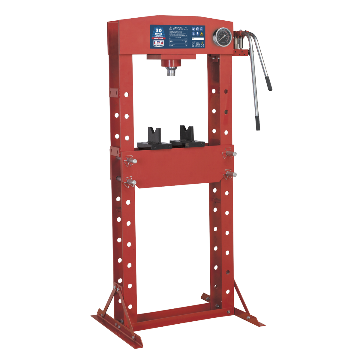 The Sealey Hydraulic Press 30 Tonne Floor Type - YK30F, featuring a red finish, includes a pressure gauge, hydraulic pump unit, and two handles. It boasts a sturdy heavy-duty steel frame with adjustable support bars.