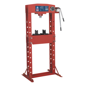 The Sealey Hydraulic Press 30 Tonne Floor Type - YK30F, featuring a red finish, includes a pressure gauge, hydraulic pump unit, and two handles. It boasts a sturdy heavy-duty steel frame with adjustable support bars.