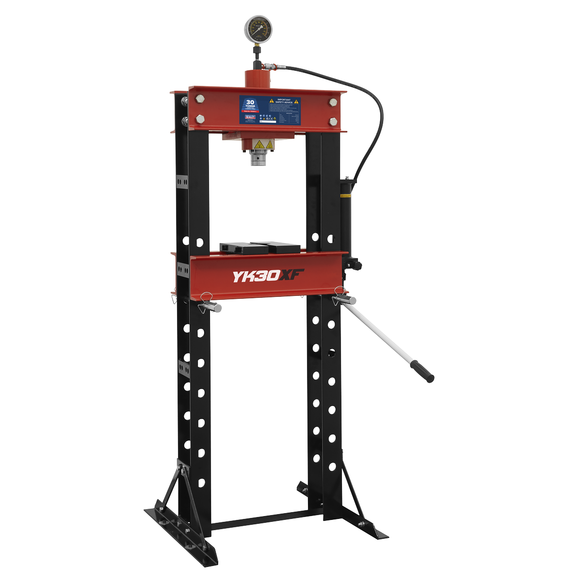 The *Sealey Hydraulic Press 30 Tonne Floor Type - YK30XF* features a red and black design with a ram pressure gauge on top and a lever on the side. Its steel frame construction is supported by perforated metal legs, and the model number YK30XF is prominently displayed on the central red part.