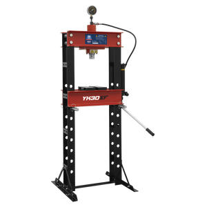 The *Sealey Hydraulic Press 30 Tonne Floor Type - YK30XF* features a red and black design with a ram pressure gauge on top and a lever on the side. Its steel frame construction is supported by perforated metal legs, and the model number YK30XF is prominently displayed on the central red part.