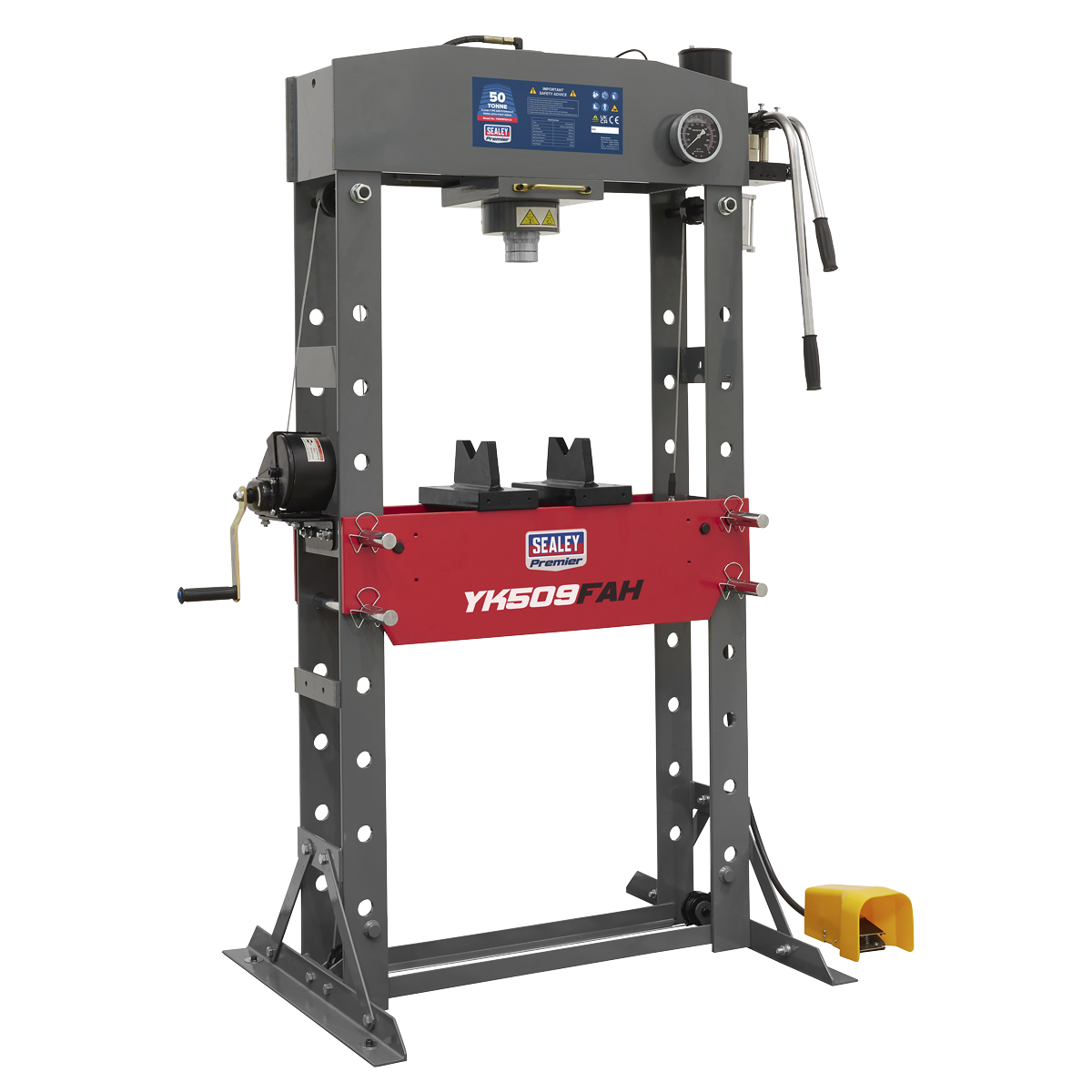 A hydraulic shop press labeled "Sealey YK509FAH" comes with a digital display and boasts a sturdy, heavy-duty steel frame in grey and red. It features a foot pedal for operation, a side handle, and a ram pressure gauge for precise control.