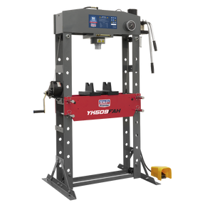 A hydraulic shop press labeled "Sealey YK509FAH" comes with a digital display and boasts a sturdy, heavy-duty steel frame in grey and red. It features a foot pedal for operation, a side handle, and a ram pressure gauge for precise control.