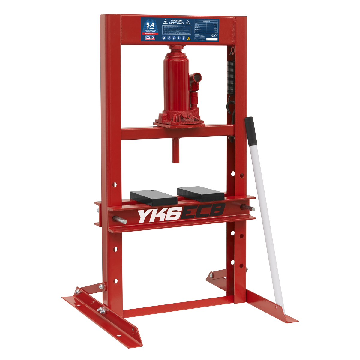 The Sealey Hydraulic Press 5.4 Tonne Economy Bench Type - YK6ECB features a red frame, a pressure gauge, corrosion resistance, a white handle on the right side, and a sturdy base with supporting legs.