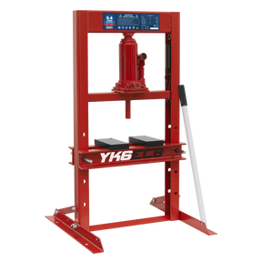 The Sealey Hydraulic Press 5.4 Tonne Economy Bench Type - YK6ECB features a red frame, a pressure gauge, corrosion resistance, a white handle on the right side, and a sturdy base with supporting legs.