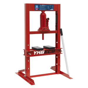 The Sealey Hydraulic Press 5.4 Tonne Economy Bench Type - YK6ECB features a red frame, a pressure gauge, corrosion resistance, a white handle on the right side, and a sturdy base with supporting legs.