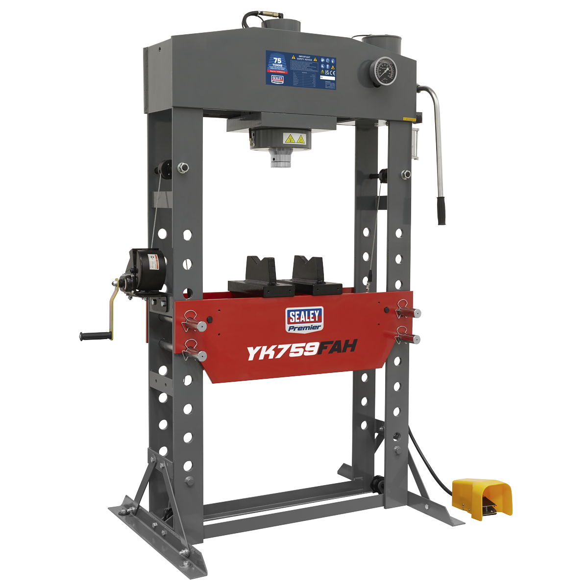 The Sealey Air/Hydraulic Press 75 Tonne Floor Type with Foot Pedal, model number YK759FAH, features a grey and red heavy-duty steel frame. It is equipped with a control panel, lever, and foot pedal for user convenience. This machine offers 2-speed manual operation for precise control.