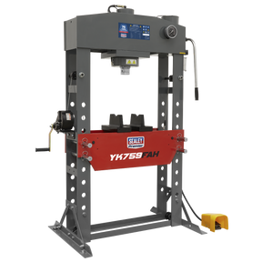 The Sealey Air/Hydraulic Press 75 Tonne Floor Type with Foot Pedal, model number YK759FAH, features a grey and red heavy-duty steel frame. It is equipped with a control panel, lever, and foot pedal for user convenience. This machine offers 2-speed manual operation for precise control.