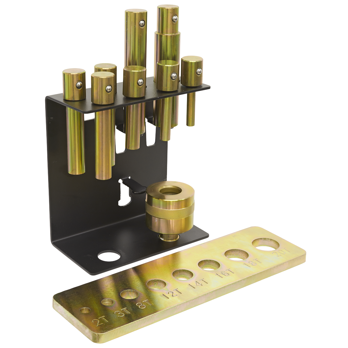 The Sealey Press Pin Set 8pc - YKPP8 is a metal tool organizer with a yellow phosphate finish designed to hold cylindrical tools of varying heights and diameters. It features a separate flat bar with circular holes labeled by measurements, and includes slots specifically for press pins, ensuring all your tools stay neatly arranged.