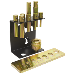 The Sealey Press Pin Set 8pc - YKPP8 is a metal tool organizer with a yellow phosphate finish designed to hold cylindrical tools of varying heights and diameters. It features a separate flat bar with circular holes labeled by measurements, and includes slots specifically for press pins, ensuring all your tools stay neatly arranged.