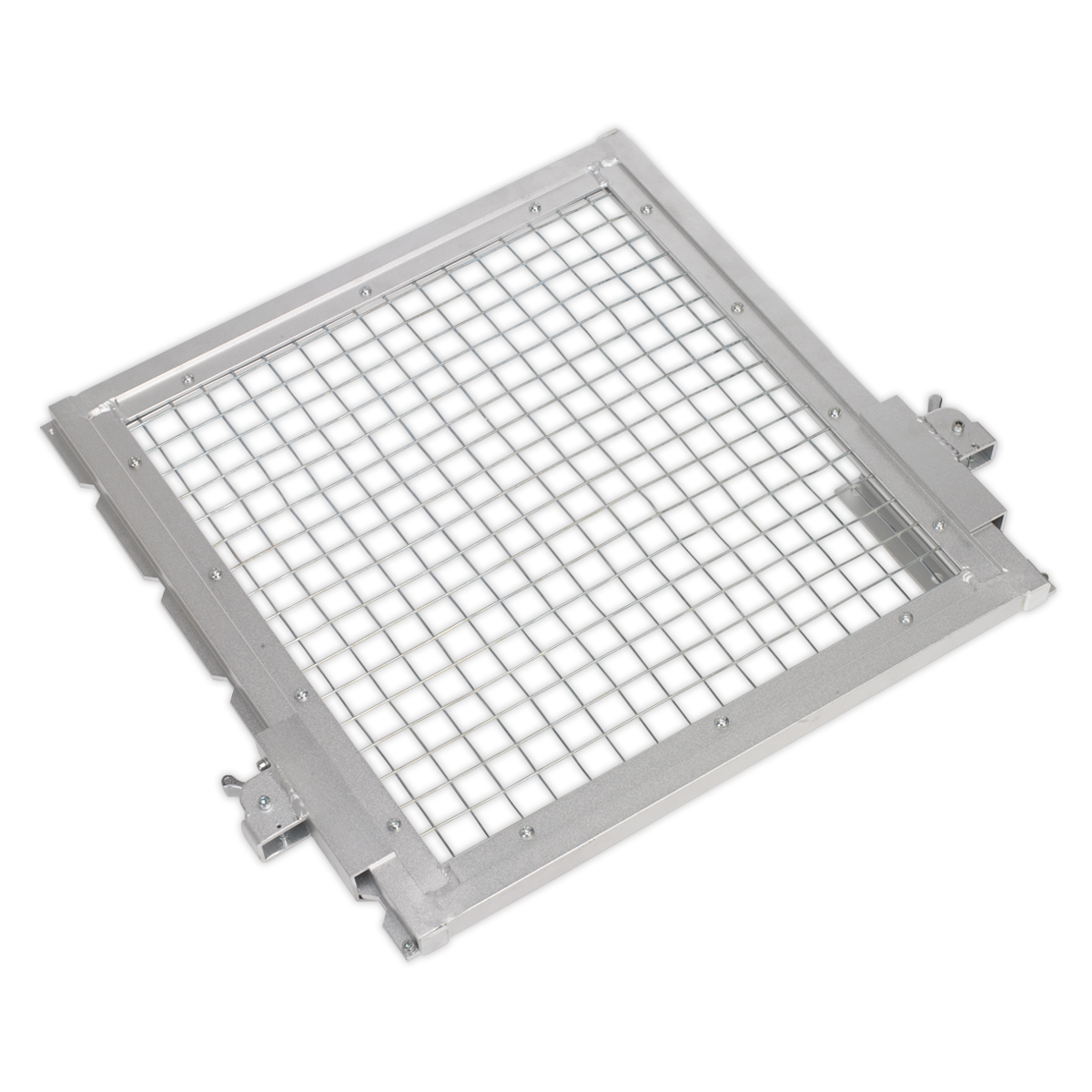 The Safety Guard for YK209F, YK20FFP - YKSG20 by Sealey is a square metal ventilation grille with a grid pattern, featuring a silver finish, lightweight aluminium frame, and mounting brackets on the sides.