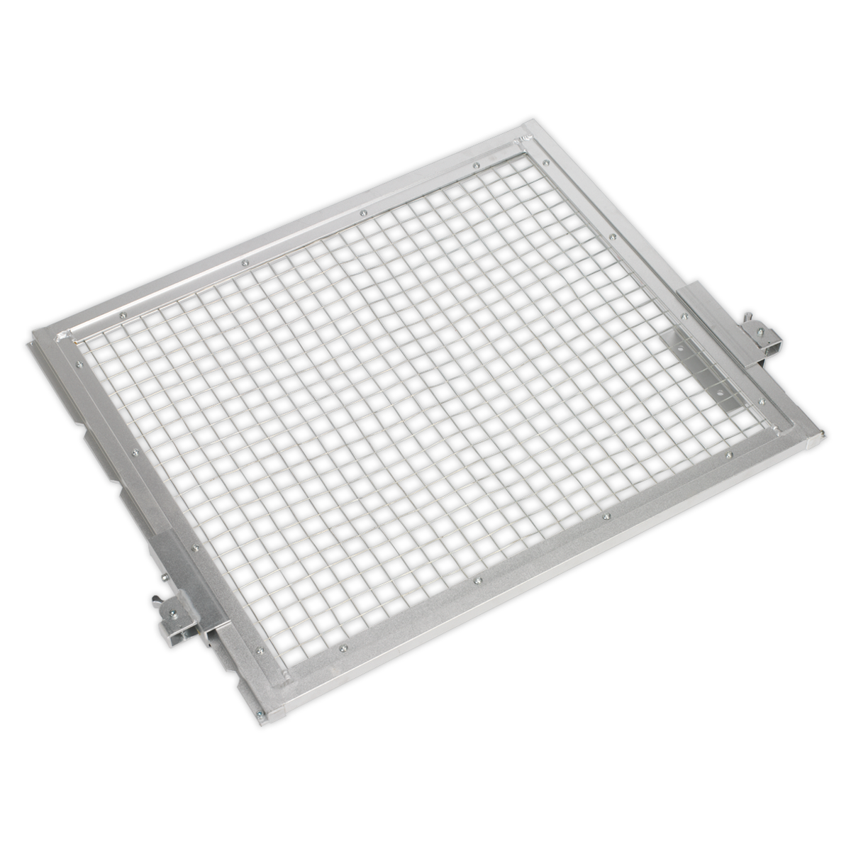 The Safety Guard for YK759F & YK759FAH - YKSG75 by Sealey is a rectangular metal wire mesh screen with a lightweight aluminum frame, commonly used for filtering or ventilation purposes. It includes spring-loaded locking clips for secure installation and can be fitted with an adjustable guard for added protection.