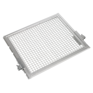 The Safety Guard for YK759F & YK759FAH - YKSG75 by Sealey is a rectangular metal wire mesh screen with a lightweight aluminum frame, commonly used for filtering or ventilation purposes. It includes spring-loaded locking clips for secure installation and can be fitted with an adjustable guard for added protection.