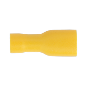 The Sealey Fully Insulated Terminal 6.3mm Female Yellow Pack of 100 - YT11 is a cylindrical, yellow color-coded connector with open ends for 12-10 AWG cables, used for electrical wire connections.