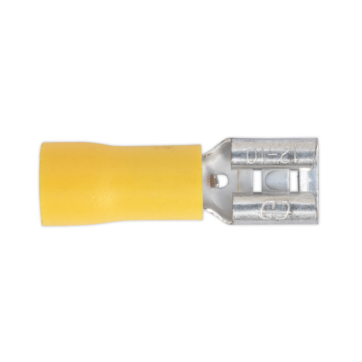 A close-up of the Sealey Push-On Terminal 6.3mm Female Yellow (Product Code: YT13), which is colour-coded for easy identification, featuring crimp terminations and designed for AWG 12-10 cables. Pack of 100 included.