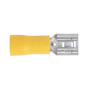 A close-up of the Sealey Push-On Terminal 6.3mm Female Yellow (Product Code: YT13), which is colour-coded for easy identification, featuring crimp terminations and designed for AWG 12-10 cables. Pack of 100 included.