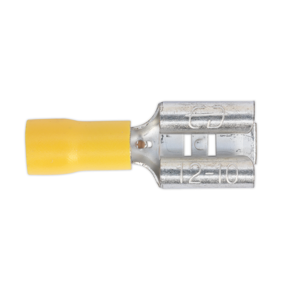 Close-up of a Sealey Push-On Terminal 9.5mm Female Yellow (YT14), colour-coded yellow and silver, marked "12-10" for cable sizes AWG 12-10. Pack of 100.