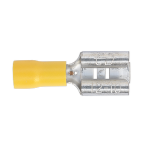 Close-up of a Sealey Push-On Terminal 9.5mm Female Yellow (YT14), colour-coded yellow and silver, marked "12-10" for cable sizes AWG 12-10. Pack of 100.
