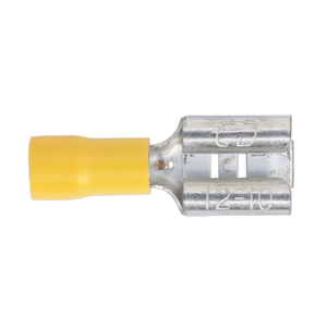 Close-up of a Sealey Push-On Terminal 9.5mm Female Yellow (YT14), colour-coded yellow and silver, marked "12-10" for cable sizes AWG 12-10. Pack of 100.