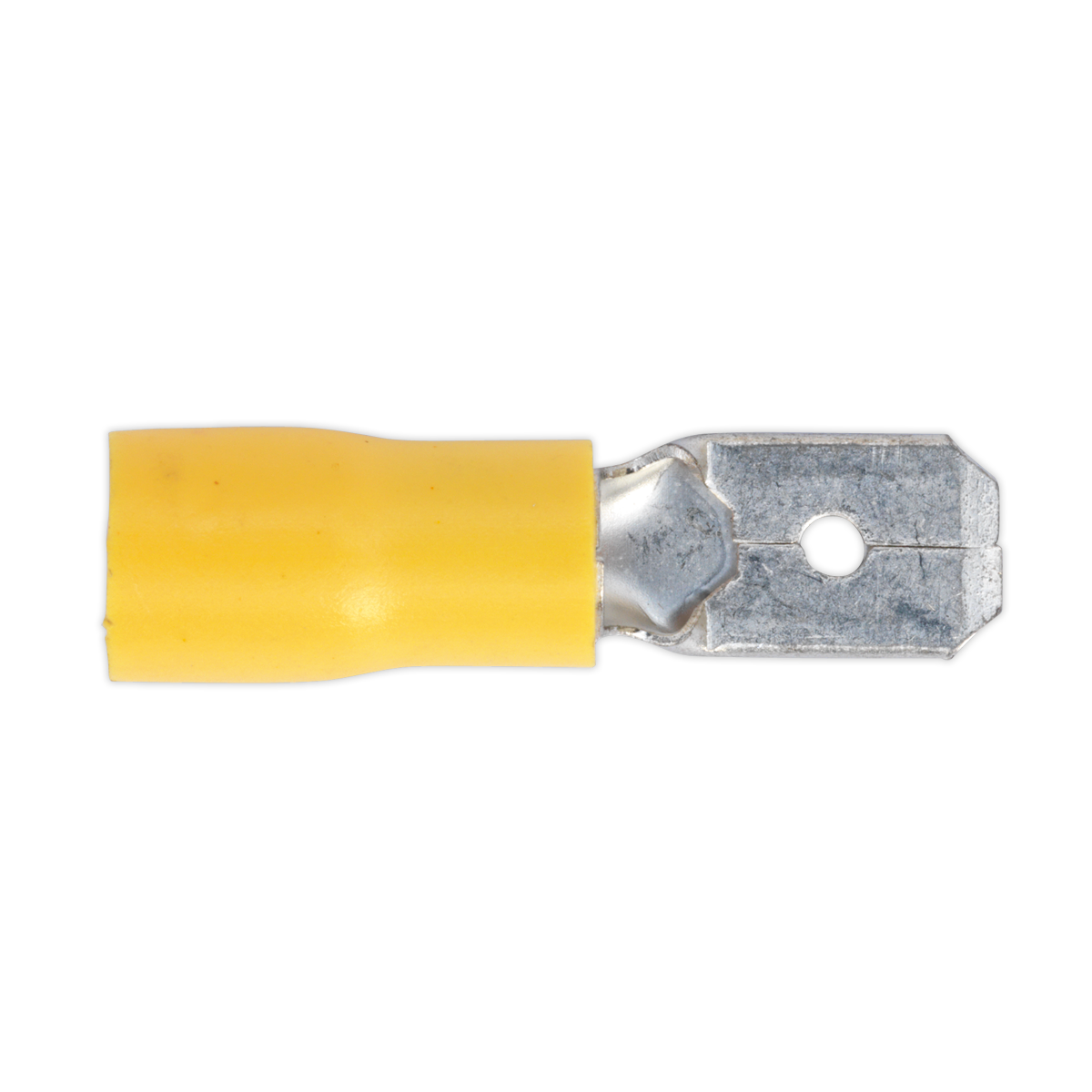 The Sealey Push-On Terminal 6.3mm Male Yellow Pack of 100 (YT15) is a colour-coded yellow insulated metal terminal connector with a hole in the metal section, suitable for cable sizes 12-10 AWG.