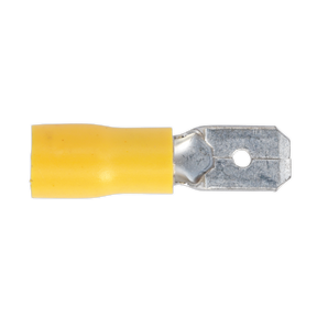 The Sealey Push-On Terminal 6.3mm Male Yellow Pack of 100 (YT15) is a colour-coded yellow insulated metal terminal connector with a hole in the metal section, suitable for cable sizes 12-10 AWG.