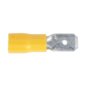 The Sealey Push-On Terminal 6.3mm Male Yellow Pack of 100 (YT15) is a colour-coded yellow insulated metal terminal connector with a hole in the metal section, suitable for cable sizes 12-10 AWG.