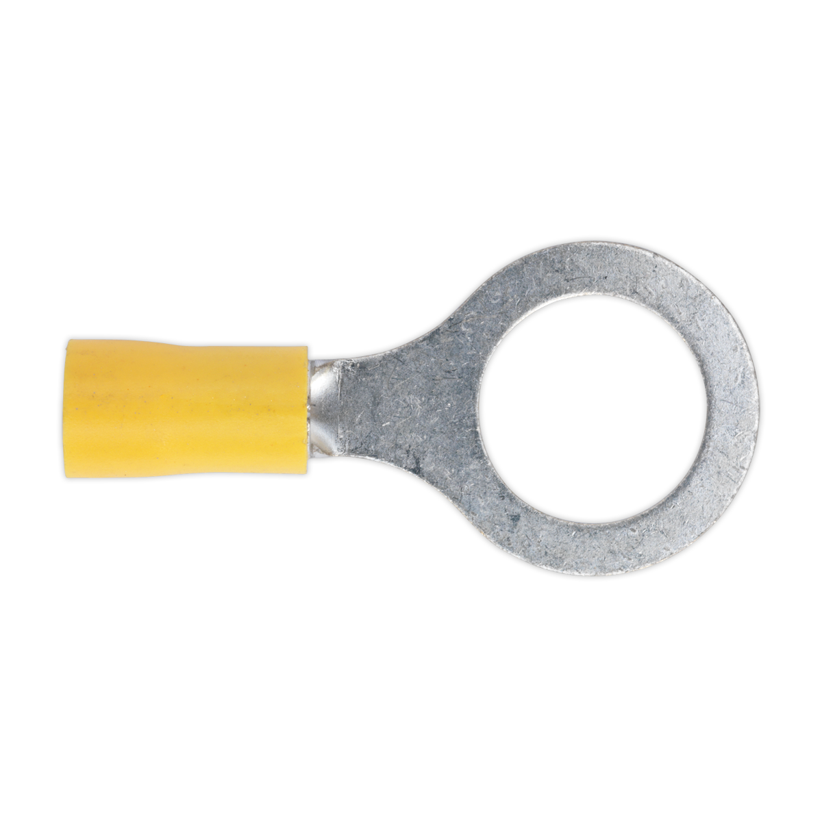 The Sealey Easy-Entry Ring Terminal Ø13mm (1/2") Yellow Pack of 100 - YT17 features a colour-coded yellow design with an easy-entry metal loop and barrel, suitable for connecting electrical wires of cable size 12-10 AWG.