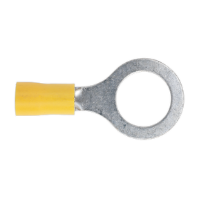 The Sealey Easy-Entry Ring Terminal Ø13mm (1/2") Yellow Pack of 100 - YT17 features a colour-coded yellow design with an easy-entry metal loop and barrel, suitable for connecting electrical wires of cable size 12-10 AWG.