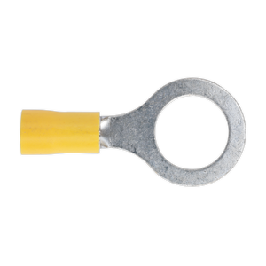 The Sealey Easy-Entry Ring Terminal Ø13mm (1/2") Yellow Pack of 100 - YT17 features a colour-coded yellow design with an easy-entry metal loop and barrel, suitable for connecting electrical wires of cable size 12-10 AWG.