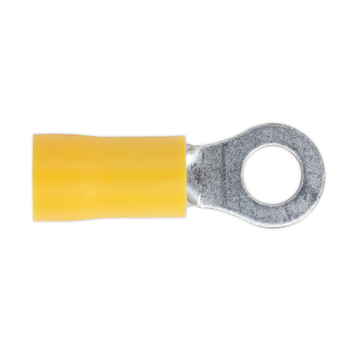 A colour-coded yellow Easy-Entry Ring Terminal Ø5.3mm (2BA) by Sealey, suitable for electrical connections and cable sizes 12-10 AWG, available in a pack of 100 - YT18.