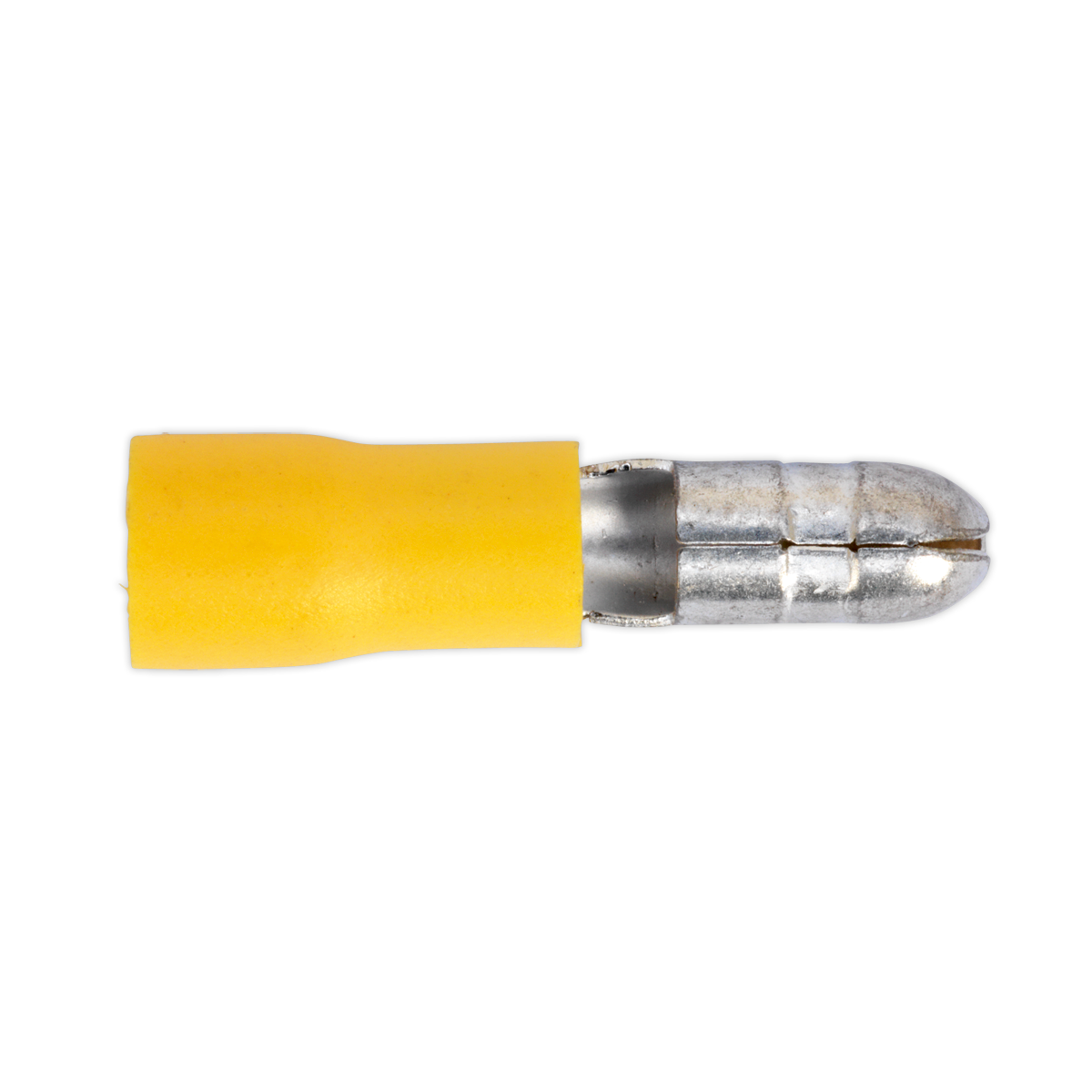 Image of a Bullet Terminal Ø5mm Yellow from Sealey, part number YT21, for electrical connections with a metal contact point, suitable for cable sizes 12-10 AWG. Pack of 100 included.