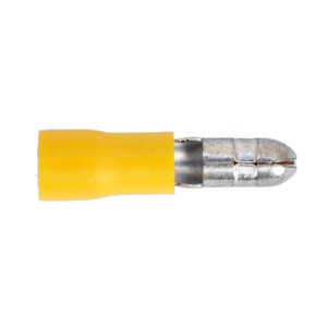 Image of a Bullet Terminal Ø5mm Yellow from Sealey, part number YT21, for electrical connections with a metal contact point, suitable for cable sizes 12-10 AWG. Pack of 100 included.