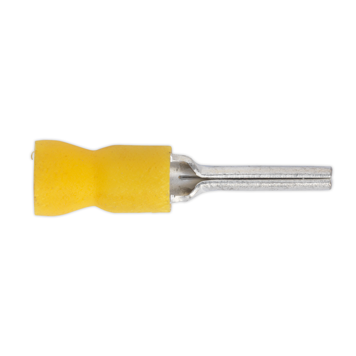 The Sealey Easy-Entry Pin Terminal 14 x Ø2.9mm Yellow (Pack of 100 - YT23) is an insulated male spade connector color-coded yellow for cable size 12-10 AWG, featuring a metal terminal end on a white background.