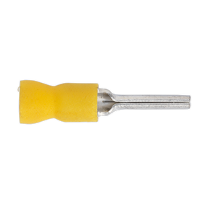 The Sealey Easy-Entry Pin Terminal 14 x Ø2.9mm Yellow (Pack of 100 - YT23) is an insulated male spade connector color-coded yellow for cable size 12-10 AWG, featuring a metal terminal end on a white background.