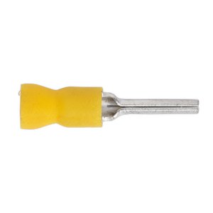 The Sealey Easy-Entry Pin Terminal 14 x Ø2.9mm Yellow (Pack of 100 - YT23) is an insulated male spade connector color-coded yellow for cable size 12-10 AWG, featuring a metal terminal end on a white background.