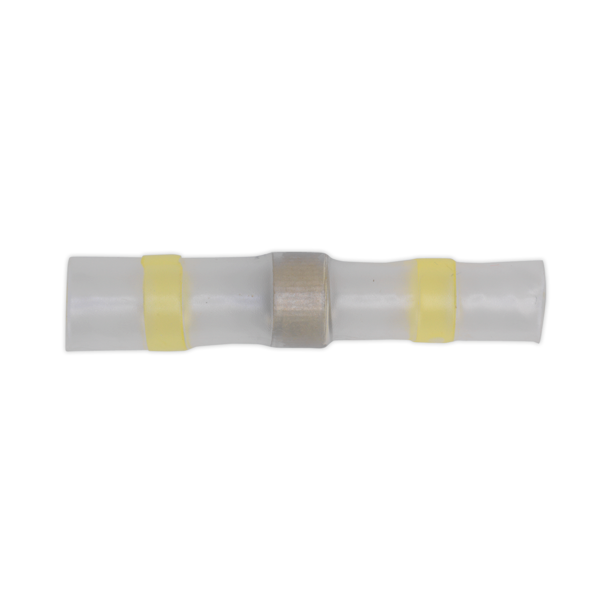 Sealey's Heat Shrink Butt Connector Solder Terminal 12-10 AWG in Yellow (Pack of 25 - YTSSB25) is a translucent electrical connector featuring a metal center and two yellow bands on either end, with shrink tubing for secure insulation.