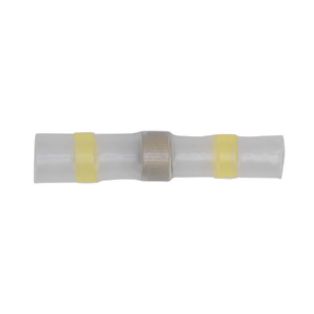 Sealey's Heat Shrink Butt Connector Solder Terminal 12-10 AWG in Yellow (Pack of 25 - YTSSB25) is a translucent electrical connector featuring a metal center and two yellow bands on either end, with shrink tubing for secure insulation.