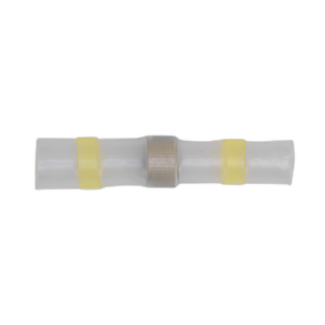 Sealey's Heat Shrink Butt Connector Solder Terminal 12-10 AWG in Yellow (Pack of 25 - YTSSB25) is a translucent electrical connector featuring a metal center and two yellow bands on either end, with shrink tubing for secure insulation.