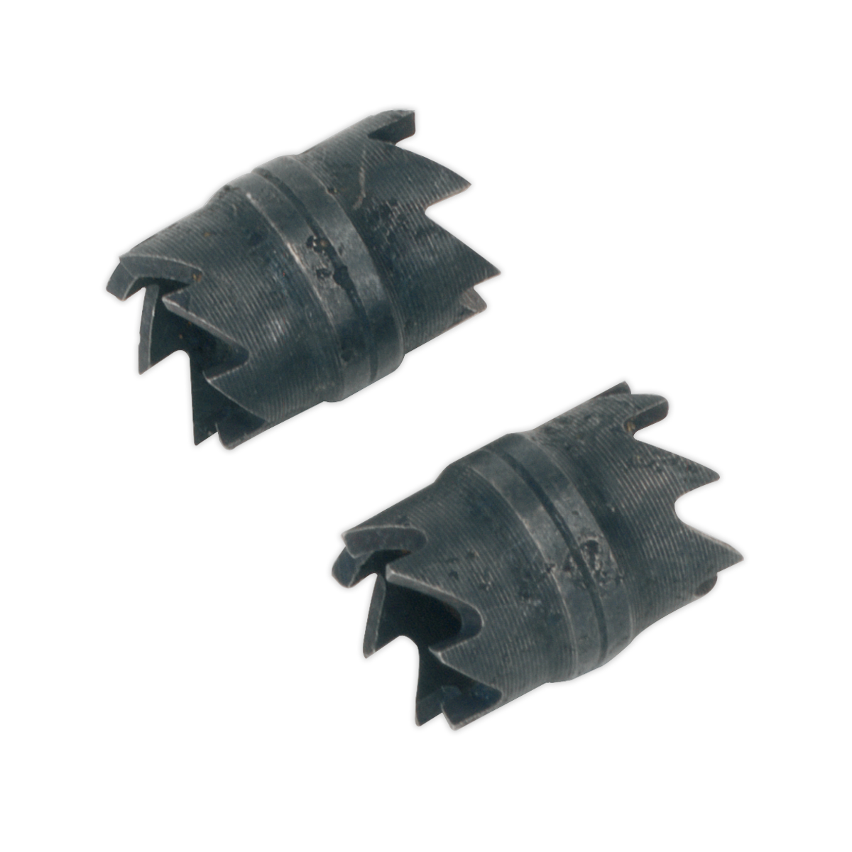 Two cylindrical mechanical components with a dark finish, featuring multiple notches and a slightly ridged surface. The Spot Weld Cutter Crown Pack of 2 - Z1C2 units from Sealey come equipped with double-sided cutter crowns for enhanced precision.