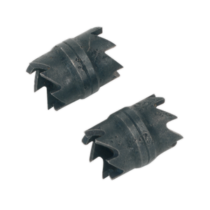 Two cylindrical mechanical components with a dark finish, featuring multiple notches and a slightly ridged surface. The Spot Weld Cutter Crown Pack of 2 - Z1C2 units from Sealey come equipped with double-sided cutter crowns for enhanced precision.