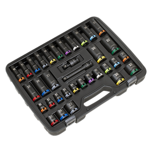 Sealey | Lock-On™ Standard & Deep Impact Socket Set 34pc 1/2"Sq Drive 6pt Metric - AK5636M