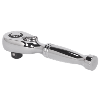 The Sealey Stubby Ratchet Wrench 3/8" Sq Drive Pear-Head Flip Reverse - AK661S, made from durable Chrome Vanadium steel with a shiny chrome finish and a pear-head socket, is showcased against a black background. It’s perfect for enhancing any hand tools collection.