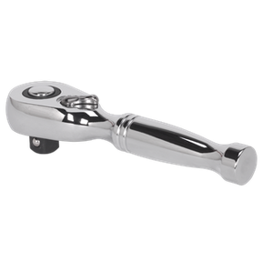 The Sealey Stubby Ratchet Wrench 3/8" Sq Drive Pear-Head Flip Reverse - AK661S, made from durable Chrome Vanadium steel with a shiny chrome finish and a pear-head socket, is showcased against a black background. It’s perfect for enhancing any hand tools collection.