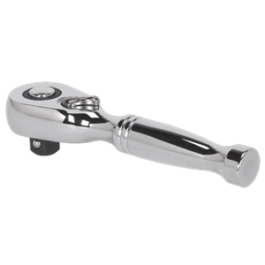 The Sealey Stubby Ratchet Wrench 3/8" Sq Drive Pear-Head Flip Reverse - AK661S, made from durable Chrome Vanadium steel with a shiny chrome finish and a pear-head socket, is showcased against a black background. It’s perfect for enhancing any hand tools collection.