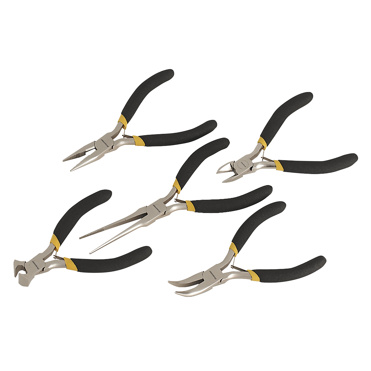 The Mini Pliers Set 5pc Ni-Fe Finish - AK937 by Sealey includes five metal pliers designed with black, spring-loaded handles. Each plier features a distinct jaw shape, making it ideal for a variety of tasks.